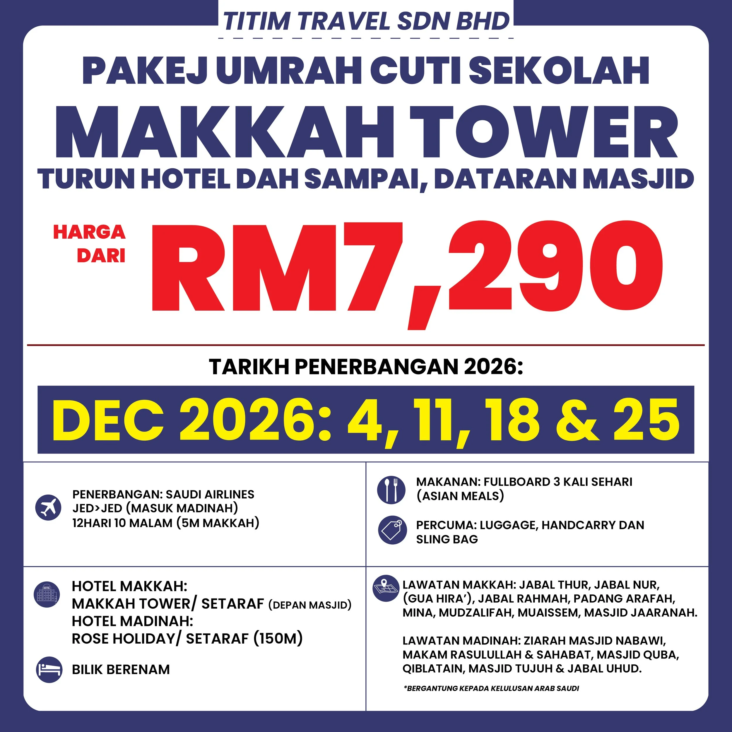 School Holiday Umrah Package – Saudi Airlines 12 Days (Makkah Tower)