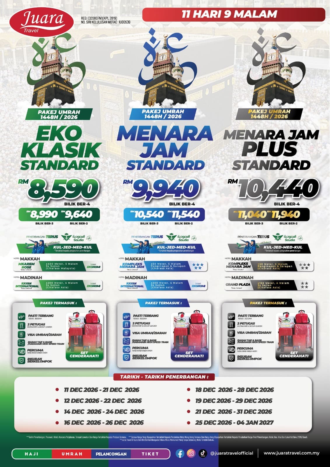 Pakej Umrah Menara Jam Standard 1448H / 2026 – 11 Hari 9 Malam