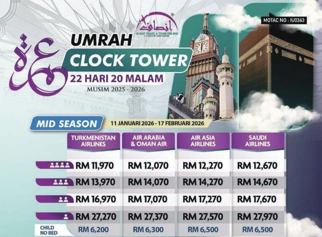 PAKEJ UMRAH CLOCK TOWER 22H20M -11 JAN 2026