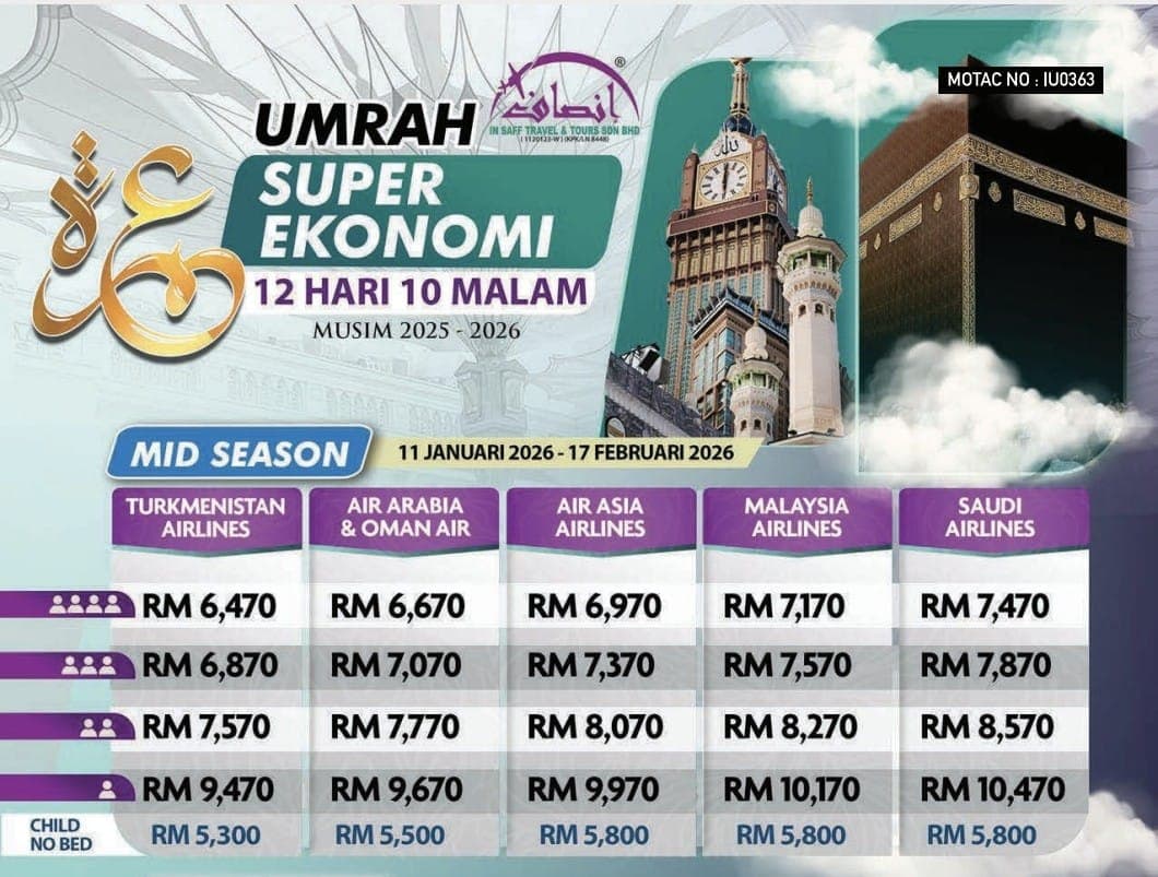PAKEJ UMRAH SUPER EKONOMI 12H10M – 11 JAN-17 FEB 2026