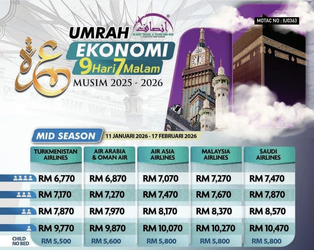 PAKEJ UMRAH EKONOMI 9H7M – 11 JAN-17 FEB 2026