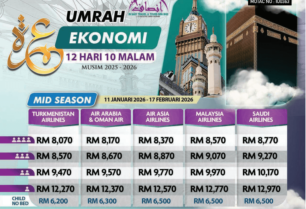 PAKEJ UMRAH EKONOMI 12H10M – 11 JAN-17 FEB 2026