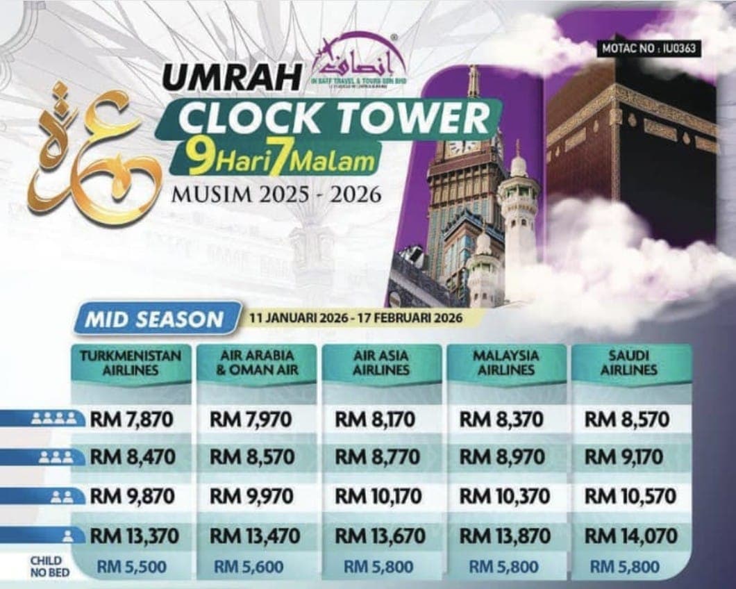 PAKEJ UMRAH CLOCK TOWER (9H7M)-11JAN-17FEB 2026